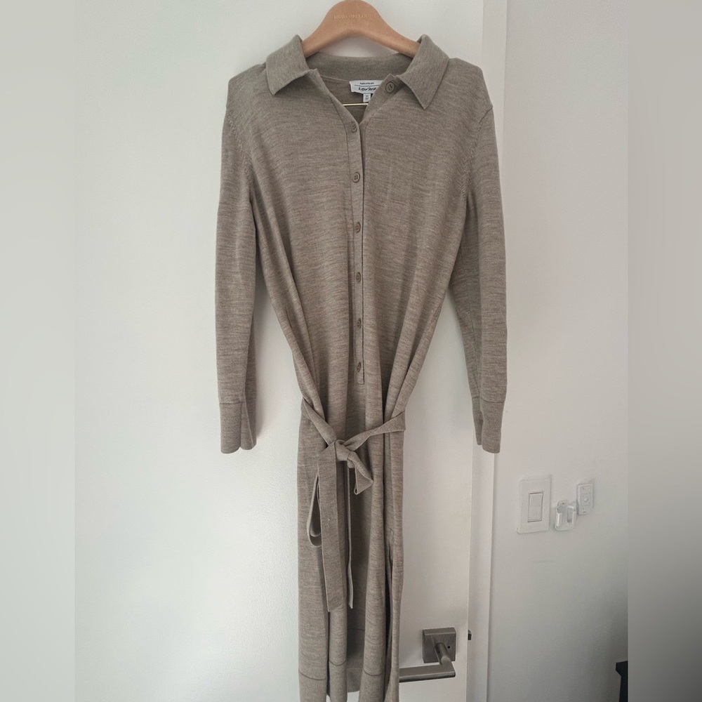 Gray Knit Button-Up Dress with Belt
